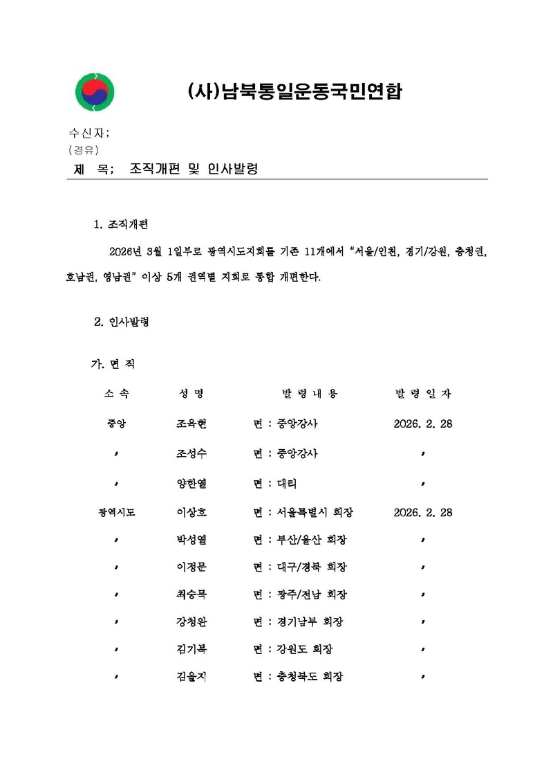 [국민연합 2026-03호] 조직개편 및 인사발령 20260228.pdf 1쪽