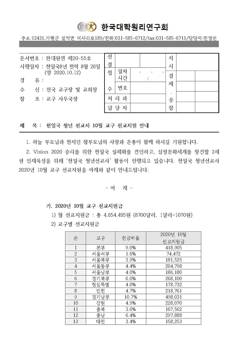 한대원연 20-55 천일국 청년 선교사 10월 교구 선교지원 안내.pdf 1쪽