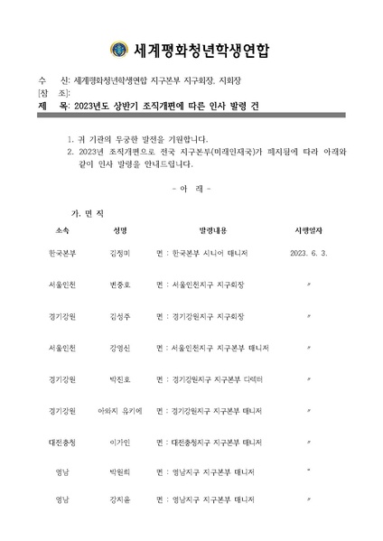 파일:협회공문 9396 세평청학본23-109호 2023년도 상반기 조직개편에 따른 인사 발령 건.pdf
