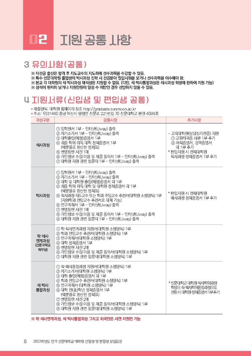 2022학년도 전기 선문대학교 대학원 신입생 및 편입생 모집요강.pdf 6쪽