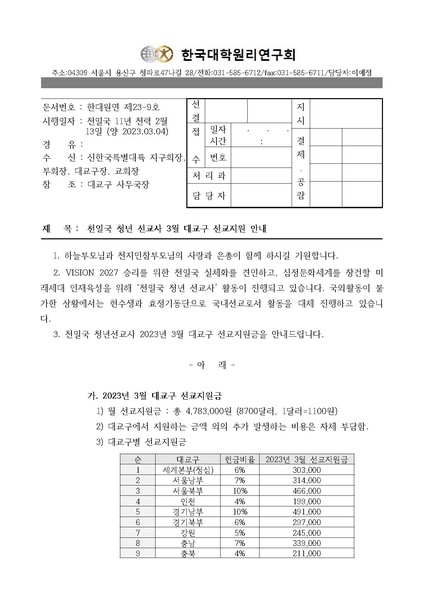 파일:협회공문 9284 한대원연 23-9 천일국 청년 선교사 3월 대교구 선교지원 안내.pdf