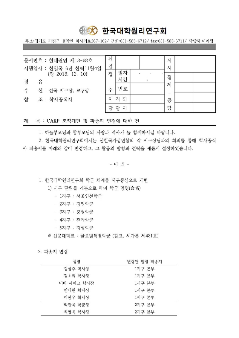 한대원연 18-68 CARP 조직개편 및 파송지 변경에 대한 건.pdf 1쪽